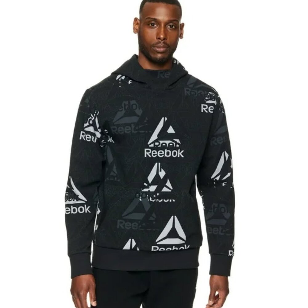 Reebok Men’s Unwind AOP Hoodie – Black Logo Print Sweatshirt, Size 3XL